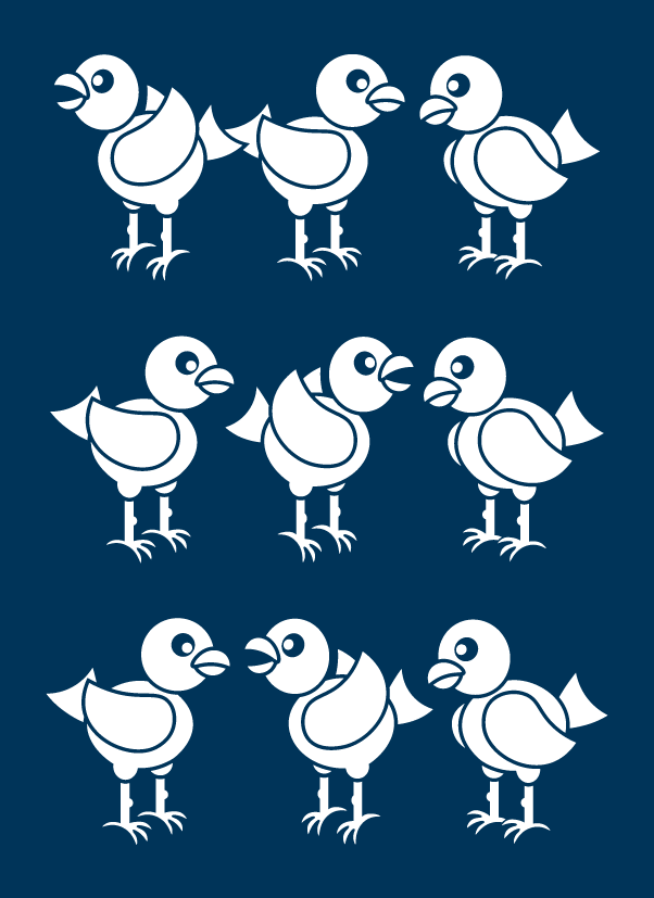 Birds of a feather bird characters, in groups of three.