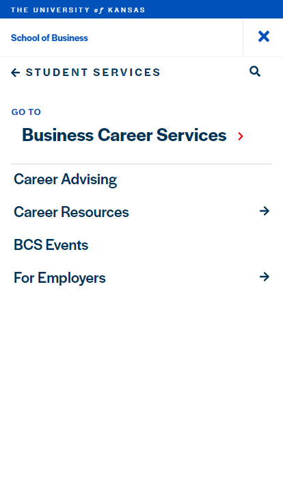 Screenshot of the Sunflower CMS takeover navigation, mobile view of the menu three levels deep