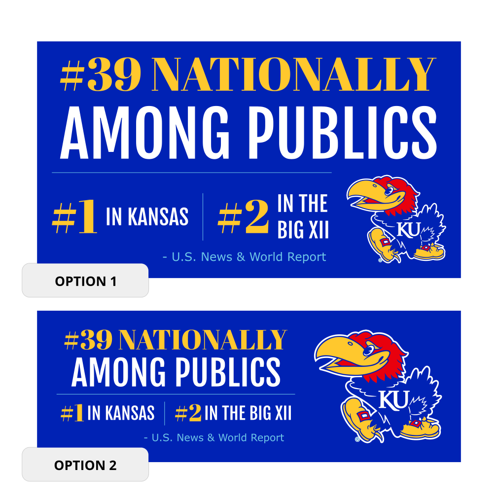 Examples of banner graphics, two options, communicating school rankings using school colors and symbols.