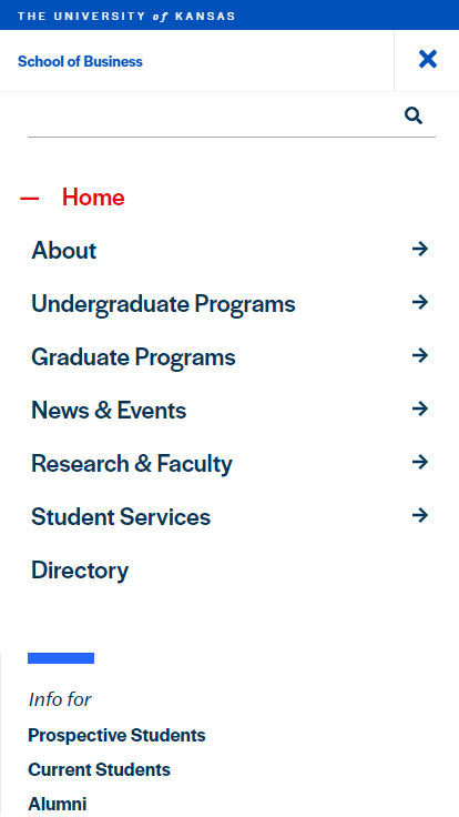 Screenshot of the Sunflower CMS takeover navigation, mobile view of the menu from the homepage