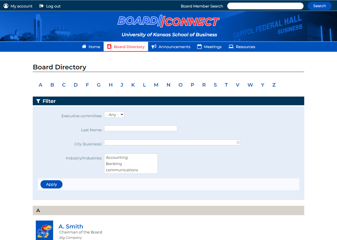 Screenshot of the Board Connect directory page, showing the filter used to find board members